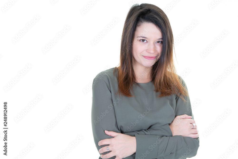 Young caucasian pretty woman smile happy face under white background Young caucasian pretty woman smile happy face under white background