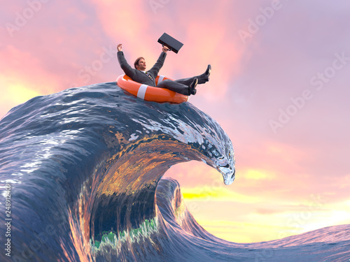 Fotografi businessman glides over the waves on the lifebuoy