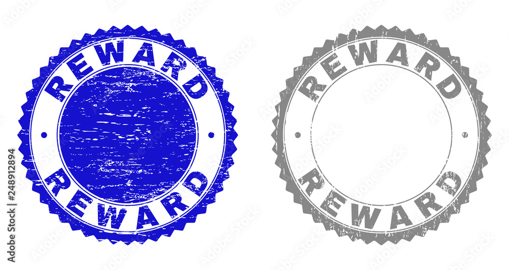 Grunge REWARD stamp seals isolated on a white background. Rosette seals with grunge texture in blue and grey colors. Vector rubber stamp imprint of REWARD caption inside round rosette.