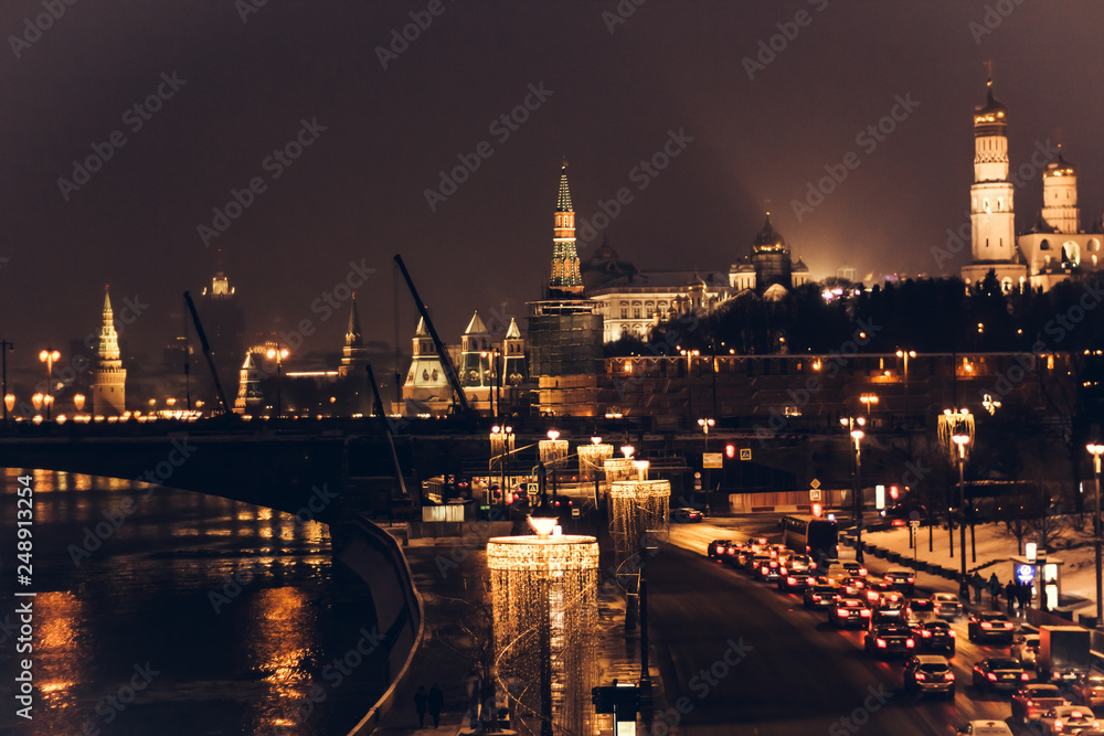Moscow Kremlin. Night scene. The Moscow river embankment. The bridge over the river