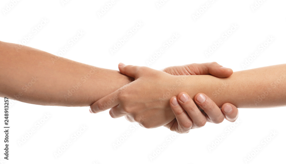 Man and woman holding hands on white background, closeup. Help and support concept