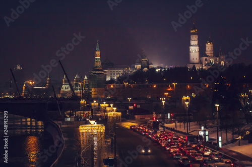 Moscow Kremlin. Night scene. The Moscow river embankment. The bridge over the river