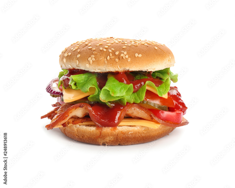 Tasty burger with bacon on white background Tasty burger with bacon on white background