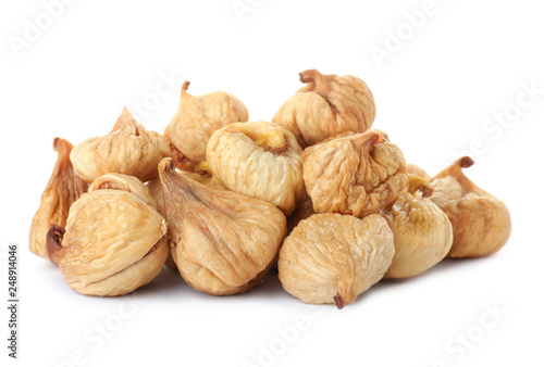 Tasty figs on white background. Dried fruit as healthy food