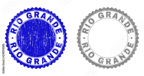 Grunge RIO GRANDE stamp seals isolated on a white background. Rosette seals with grunge texture in blue and gray colors. Vector rubber stamp imprint of RIO GRANDE text inside round rosette.