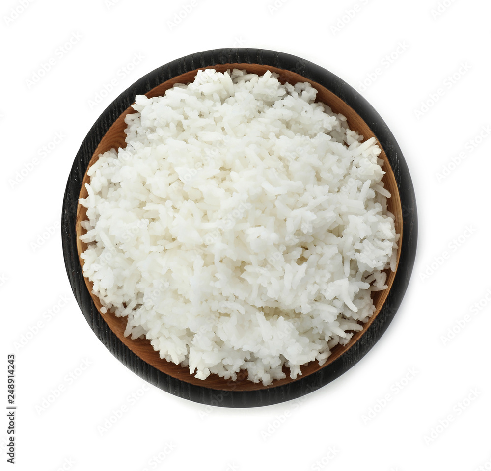 Bowl of boiled rice on white background, top view Bowl of boiled rice on white background, top view