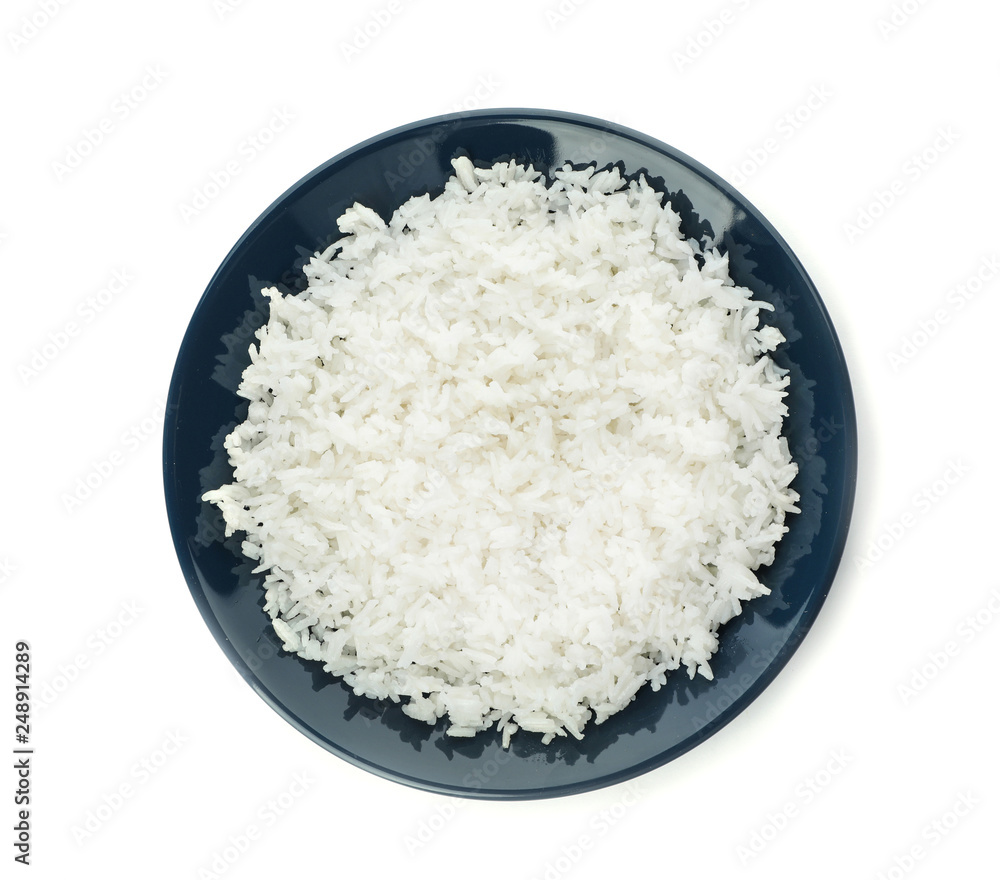 Plate of boiled rice on white background, top view Plate of boiled rice on white background, top view