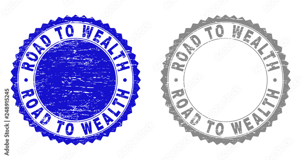 Obraz premium Grunge ROAD TO WEALTH stamp seals isolated on a white background. Rosette seals with grunge texture in blue and grey colors. Vector rubber stamp imprint of ROAD TO WEALTH label inside round rosette.