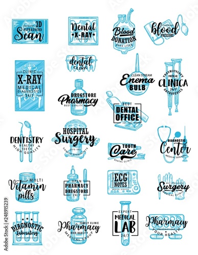 Medical service and pharmacy icons, lettering