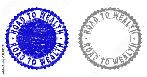 Grunge ROAD TO WEALTH stamp seals isolated on a white background. Rosette seals with grunge texture in blue and grey colors. Vector rubber stamp imprint of ROAD TO WEALTH label inside round rosette.