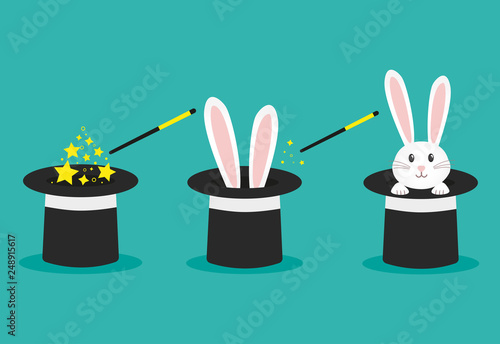 Magician's black hat, magic hat with bunny ears. Vector flat illustration in cartoon style. photo