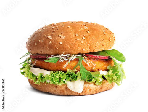 Tasty vegetarian burger with carrot cutlet on white background