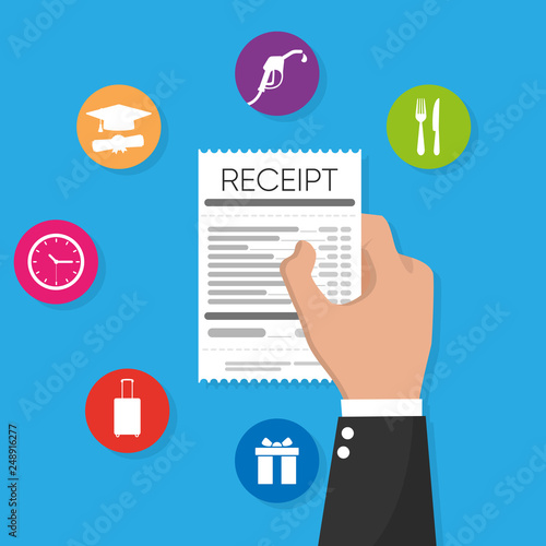 Hand holding receipt flat icon, on blue background,vector illustration