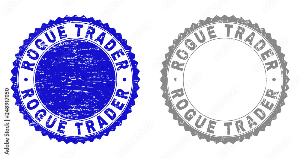 Obraz premium Grunge ROGUE TRADER stamp seals isolated on a white background. Rosette seals with grunge texture in blue and grey colors. Vector rubber stamp imitation of ROGUE TRADER caption inside round rosette.