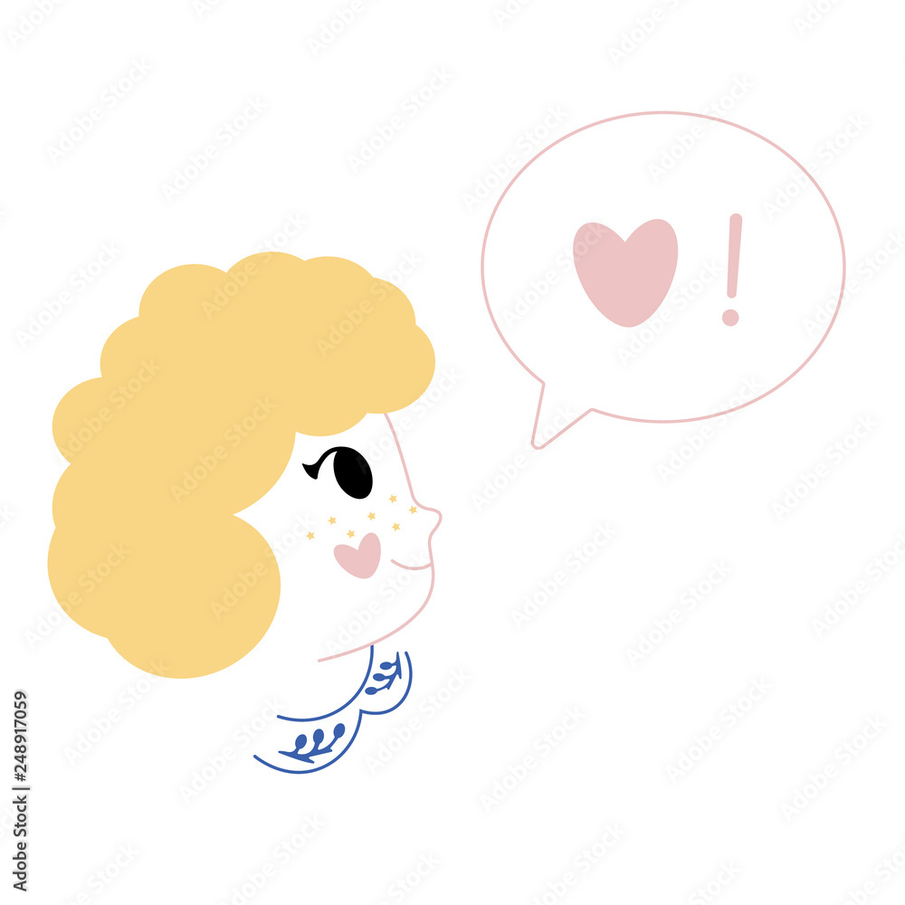 Profile of a young woman with speech bubble. Girl with heart. Cute love symbol Profile of a young woman with speech bubble. Girl with heart. Cute love symbol