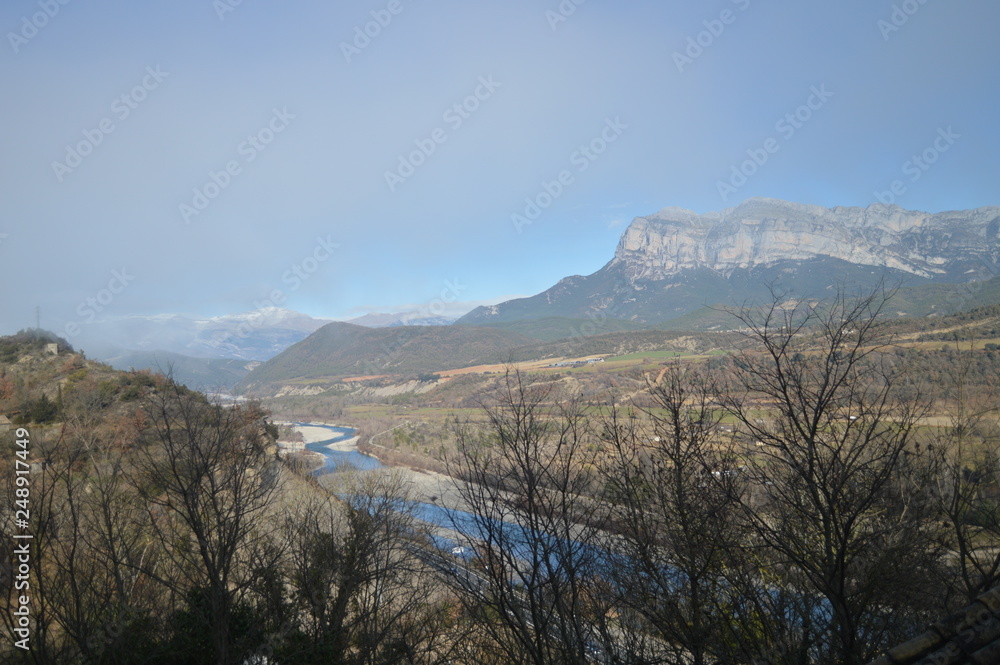 Cinca River In Its Pass By Ainsa,  born in the Marbore Glacier in the La Pineta Valley in Monte Perdido and flows into the Ebro. Trips, Landscapes, Nature. December 26, 2014. Ainsa, Huesca, Aragon.