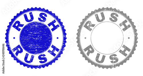 Grunge RUSH stamp seals isolated on a white background. Rosette seals with grunge texture in blue and grey colors. Vector rubber stamp imprint of RUSH title inside round rosette.