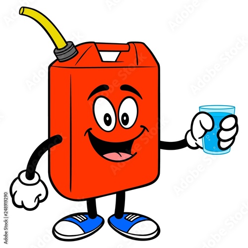Gasoline Can with Water - A vector cartoon illustration of a Gasoline Can mascot holding a cup of Water.