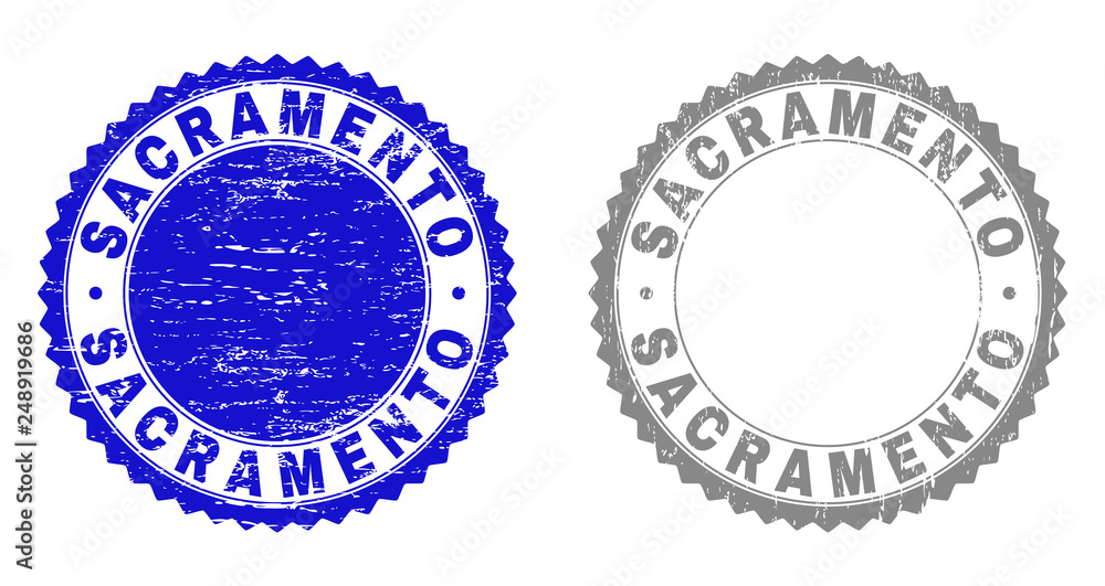 Obraz premium Grunge SACRAMENTO watermarks isolated on a white background. Rosette seals with grunge texture in blue and gray colors. Vector rubber overlay of SACRAMENTO text inside round rosette.