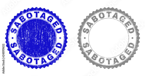 Grunge SABOTAGED stamp seals isolated on a white background. Rosette seals with grunge texture in blue and grey colors. Vector rubber watermark of SABOTAGED label inside round rosette.