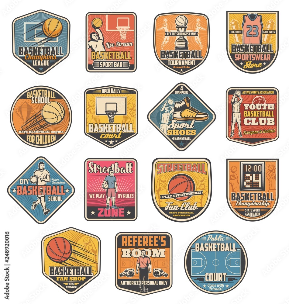 Basketball sport icons, referee and players