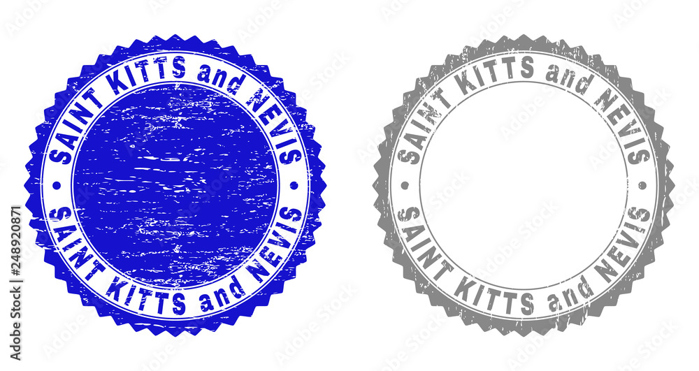 Grunge SAINT KITTS AND NEVIS stamp seals isolated on a white background. Rosette seals with grunge texture in blue and gray colors. Grunge SAINT KITTS AND NEVIS stamp seals isolated on a white background. Rosette seals with grunge texture in blue and gray colors.