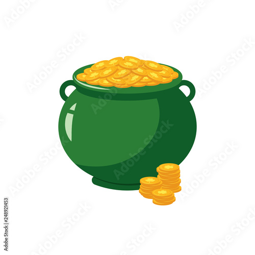 Green pot full of golden coins with clover sign - traditional symbol of St Patrick Day in flat style.