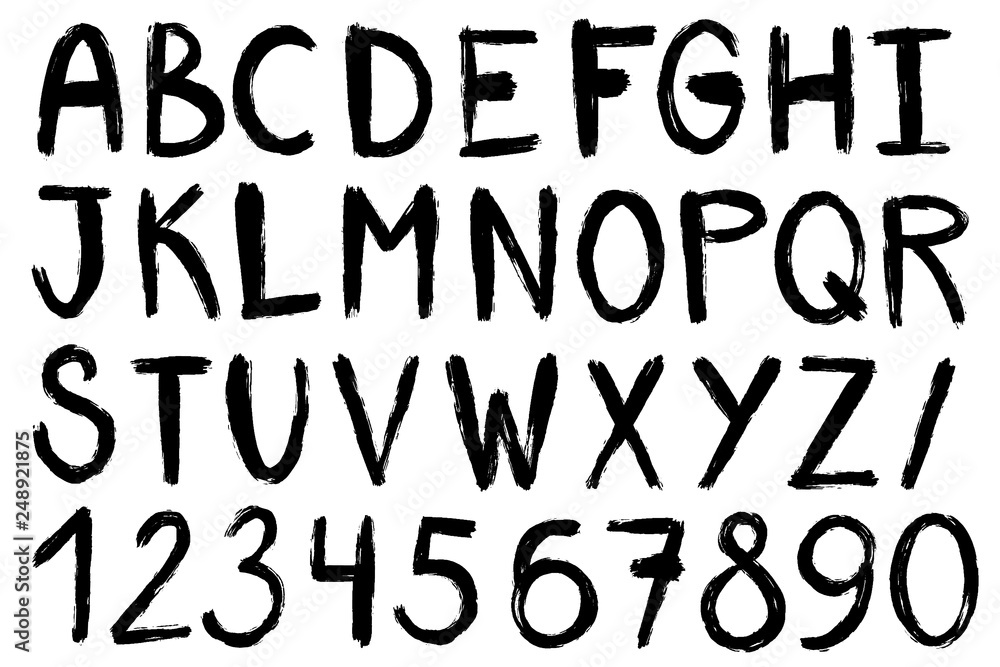 Vecteur Stock Hand drawn paint brush font. Handwritten alphabet in brush  stroke style. Modern lettering in vector. Handmade grunge bold artistic  letters and numbers. | Adobe Stock