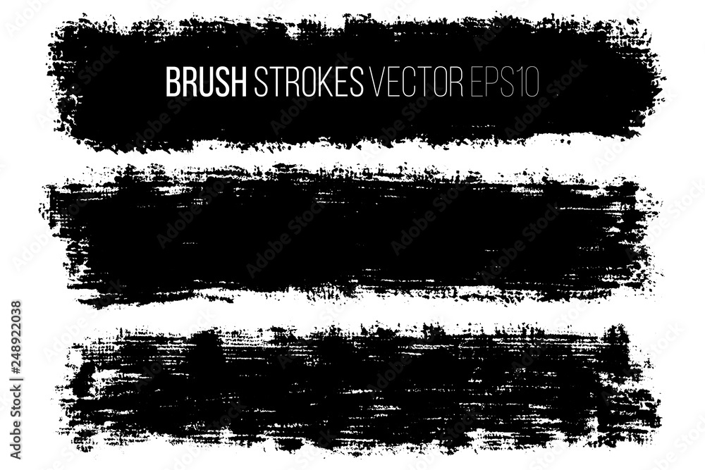 Vector set of hand drawn brush strokes, stains for backdrops. Monochrome design elements set. Black color artistic hand drawn backgrounds rectangular shape.