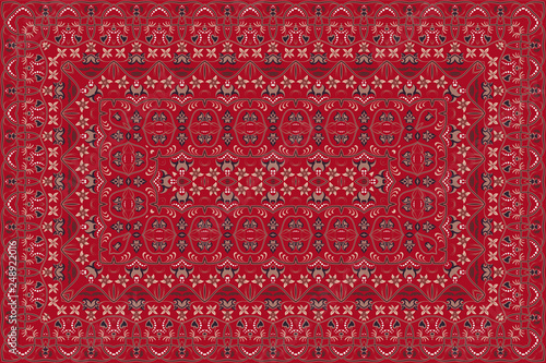 Vintage Arabic pattern. Persian colored carpet. Rich ornament for fabric design, handmade, interior decoration, textiles. Red background.