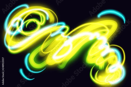 Electric Neon abstract lines, flourish, scribble writing lightning design on black background