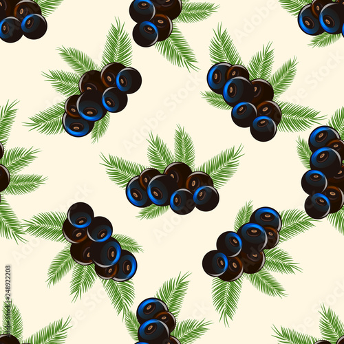 vector print of eco food. acai berry with palm leaves Seamless pattern