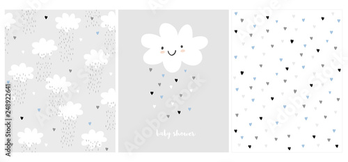 White Fluffy Smiling Cloud on a Light Gray Background. Simple Baby Shower Art. Cute Simple Baby Shower Vector Card and 2 Patterns.Rain of Hearts. Tiny Heart Pattern. Clouds and Rain Vector Design.