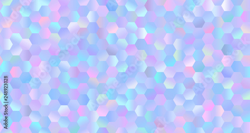 Seamless Holographic Gradient Hexagonal Vector Pattern. Iridescent Sparkling Polygonal Background. Fantasy Blue, Pink, Aqua and Purple Glittering Texture. Repeating Pattern Tile Swatch Included.