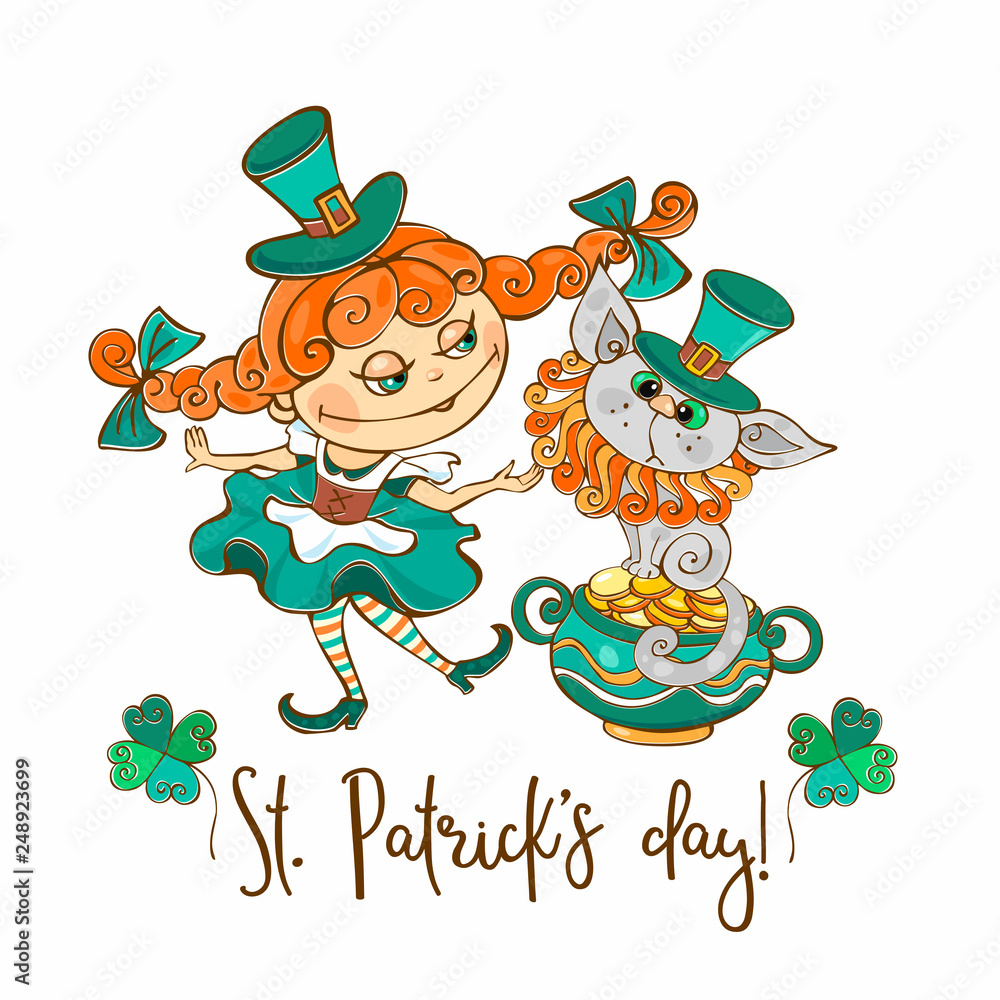 Irish girl with a cat postcard for St. Patrick's day. Vector.