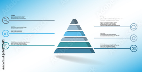3D illustration infographic template with embossed triangle divided to six parts