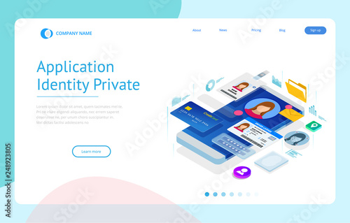 Isometric Personal Data Information App, Identity Private Concept. Digital data Secure Banner. Biometrics technology vector illustration for personal identity recognition and access authentication.