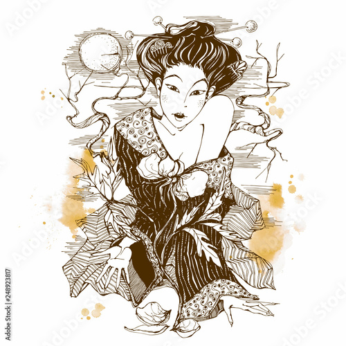Japanese girl with a flower. Graphics. Moon Vector