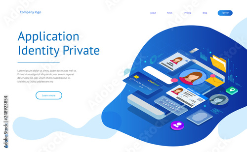 Isometric Personal Data Information App, Identity Private Concept. Digital data Secure Banner. Biometrics technology vector illustration for personal identity recognition and access authentication.