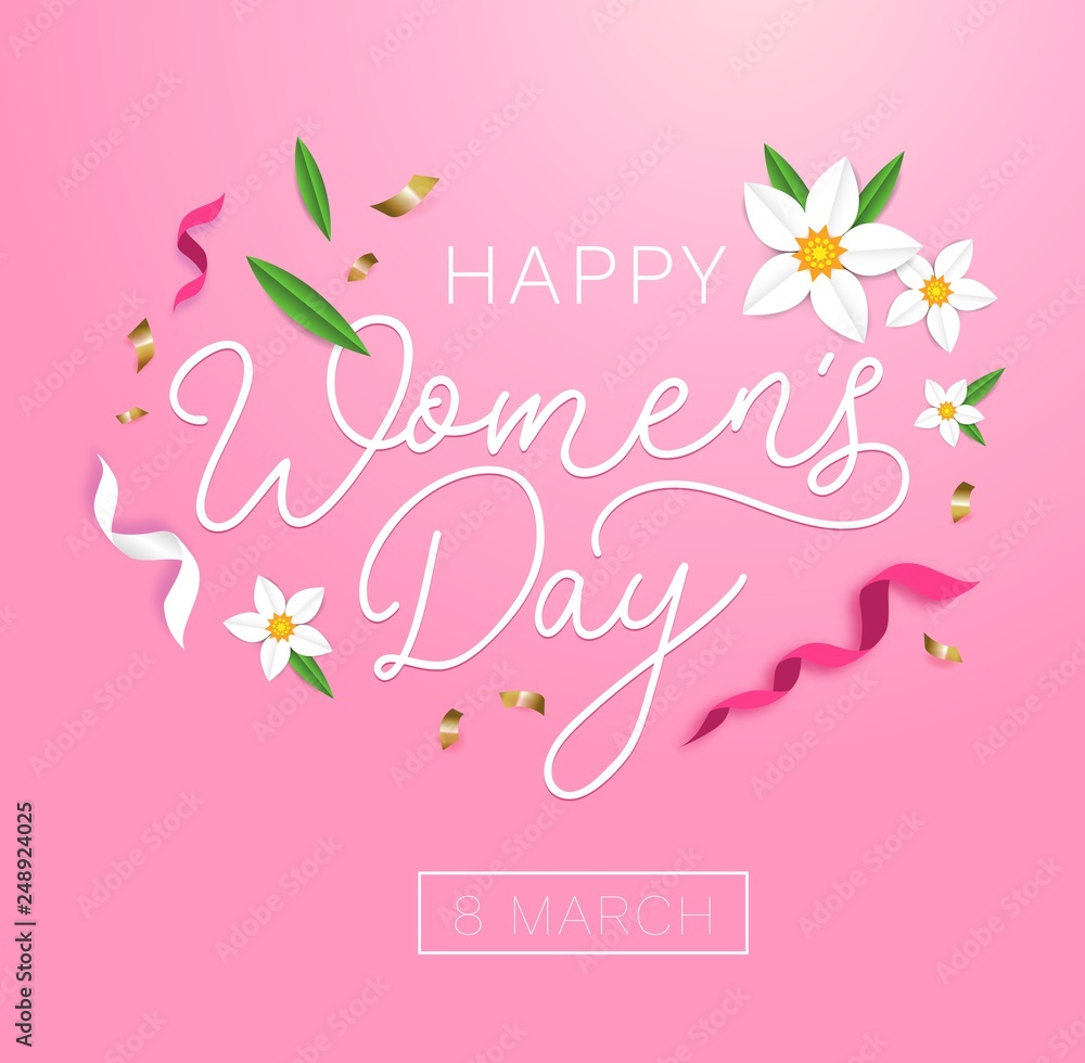 Happy women's day greeting card with flowers, ribbons and cute background. International women's day greeting card.Vector illustration