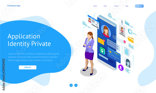 Isometric Personal Data Information App, Identity Private Concept. Digital data Secure Banner. Biometrics technology vector illustration for personal identity recognition and access authentication.