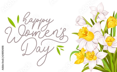 Happy women's day greeting card with narcissus and white background. International women's day greeting card.Vector illustration