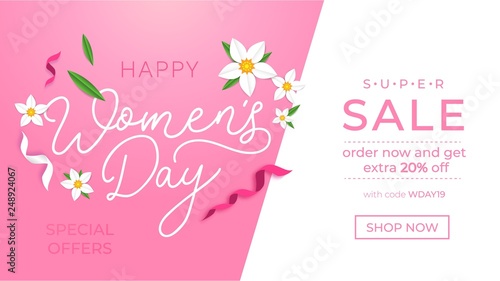 Happy women's day sale banner with greeting card. International women's day promotion.Vector illustration