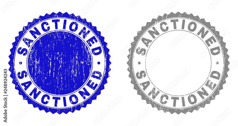 Grunge SANCTIONED stamp seals isolated on a white background. Rosette seals with grunge texture in blue and gray colors. Vector rubber stamp imitation of SANCTIONED text inside round rosette.