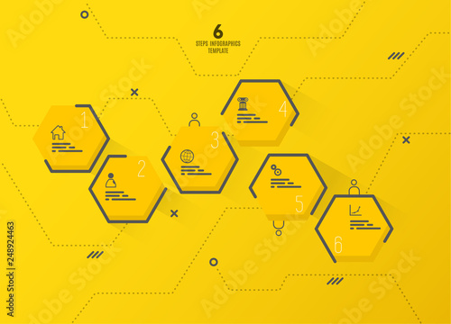 Six business yellow hexagons vector template in circle with place for your text.