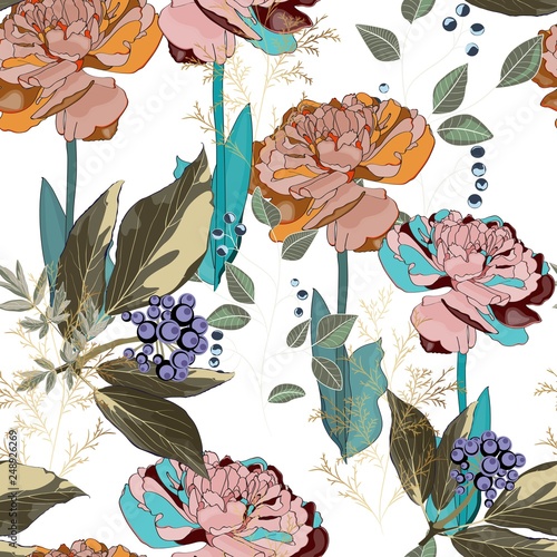 Seamless pattern with blue berries branch with leaves, herbs and brown tulips flowers. Hand drawn abstract illustration. White background. 