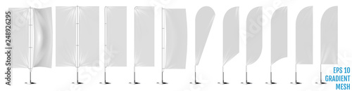 Realistic white banner flags 3d mockup. Textile waving advertisement banner flags.