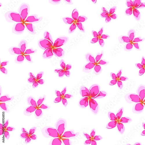 Seamless pattern with bright pink flowers. Floral decor of plumeria. Elegant tropical floral print for fabric design, woman dress, background, wrapping paper, cover. © Iuliia