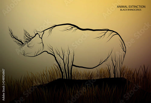 black rhinoceros look like tree branches on the white background, spirit of extinct animal, extinct animal of Africa,