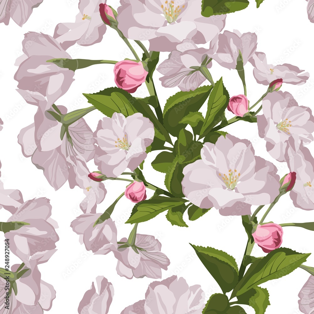Seamless pattern with hand drawn sakura flowers with green leaves. Beautiful floral design elements, white background. Seamless pattern with hand drawn sakura flowers with green leaves. Beautiful floral design elements, white background.